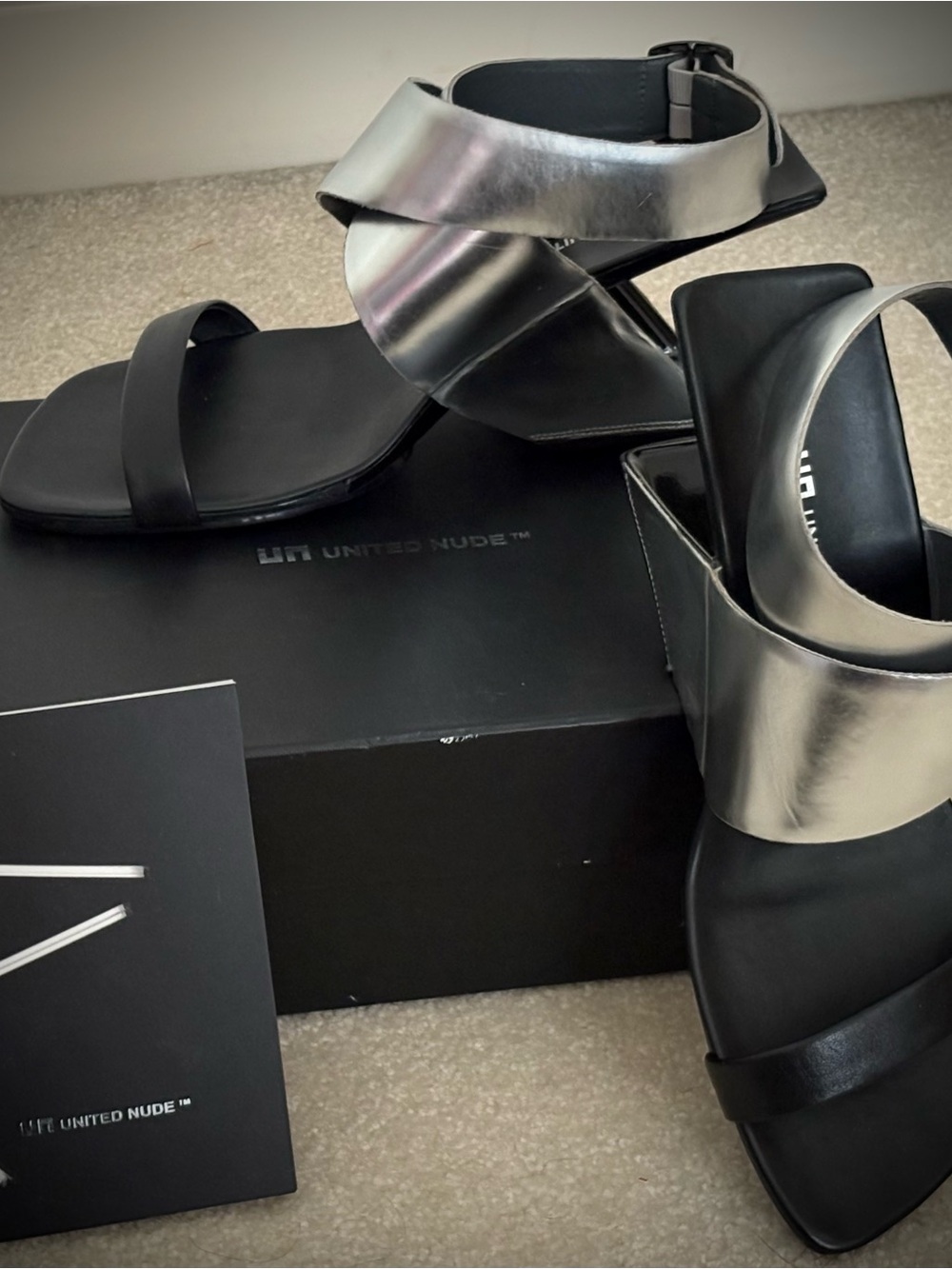 United Nude Loop X Silver and Black Crisscross Strap Sandals